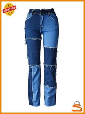 High Waist Frayed Patch Jeans Straight Leg Raw Hem Y2k Punk Style
